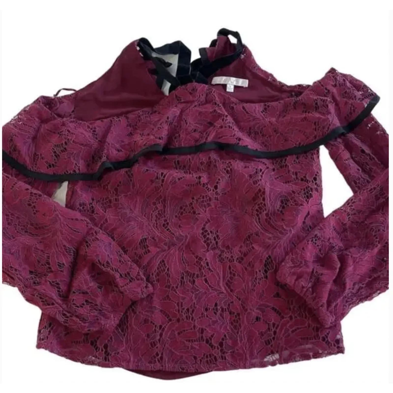 WAYF Lace Blouse Womens Small‎ Burgundy Off Shoulder Sheer Helena Ruffle Tie - Image 4