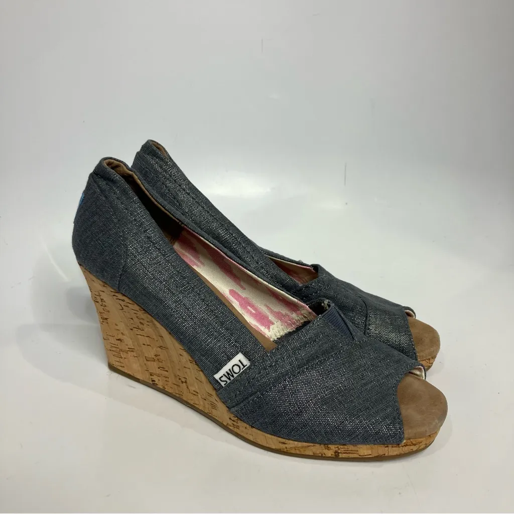 Toms classic‎ wedge peep toe shoes shimmery chambray women’s size 7.5 casual - Image 2