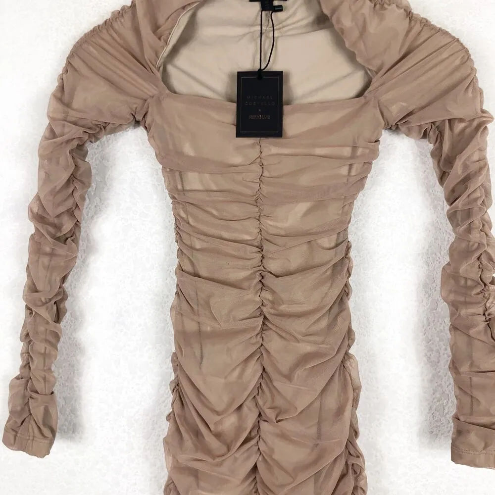NWT Michael Costello REVOLVE Franky Mini Dress Taupe Size XS Ruched Long Sleeve Tan - Image 9