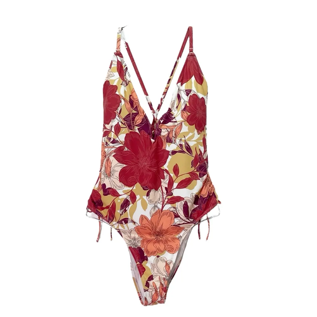 Mynah Floral One Piece Swimsuit Size XXL Plunge V Neck Tie Back Rust Pink Yellow Red - Image 3