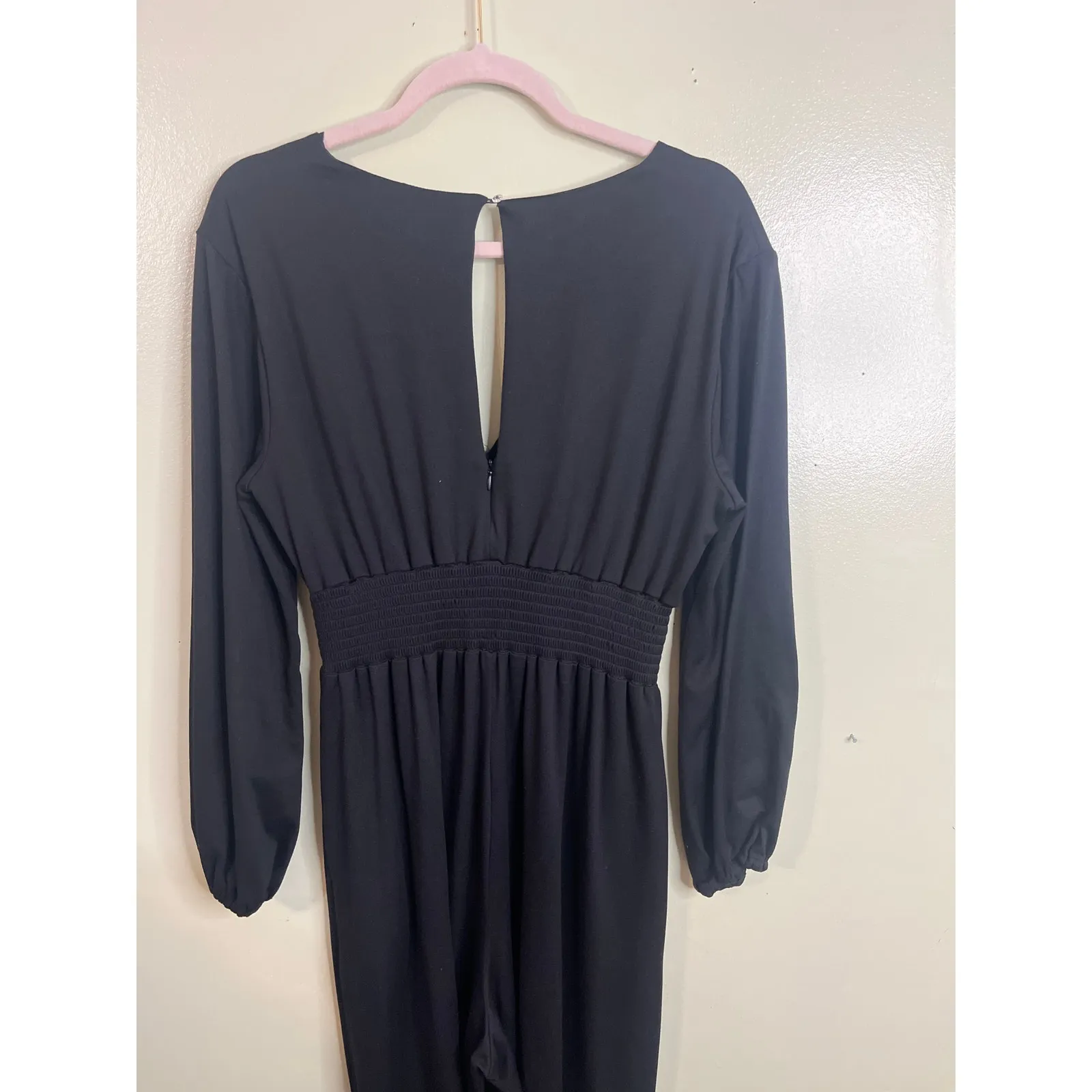 Anthropologie Hutch black jersey knit wide-leg V-neck smocked jumpsuit, size M - Image 7