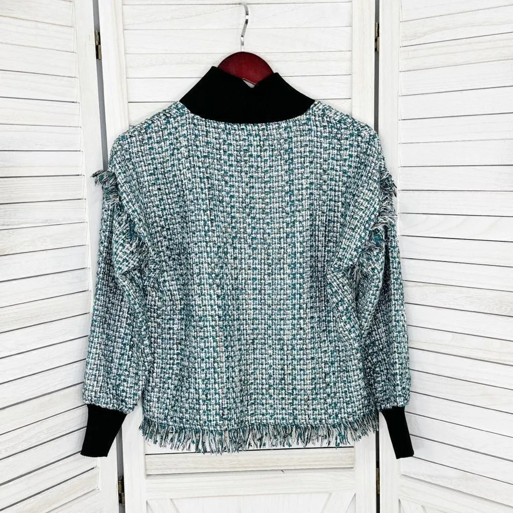 Zara Tweed Fringe Hem Mock Neck Shirt Teal White Large Crop - Image 9