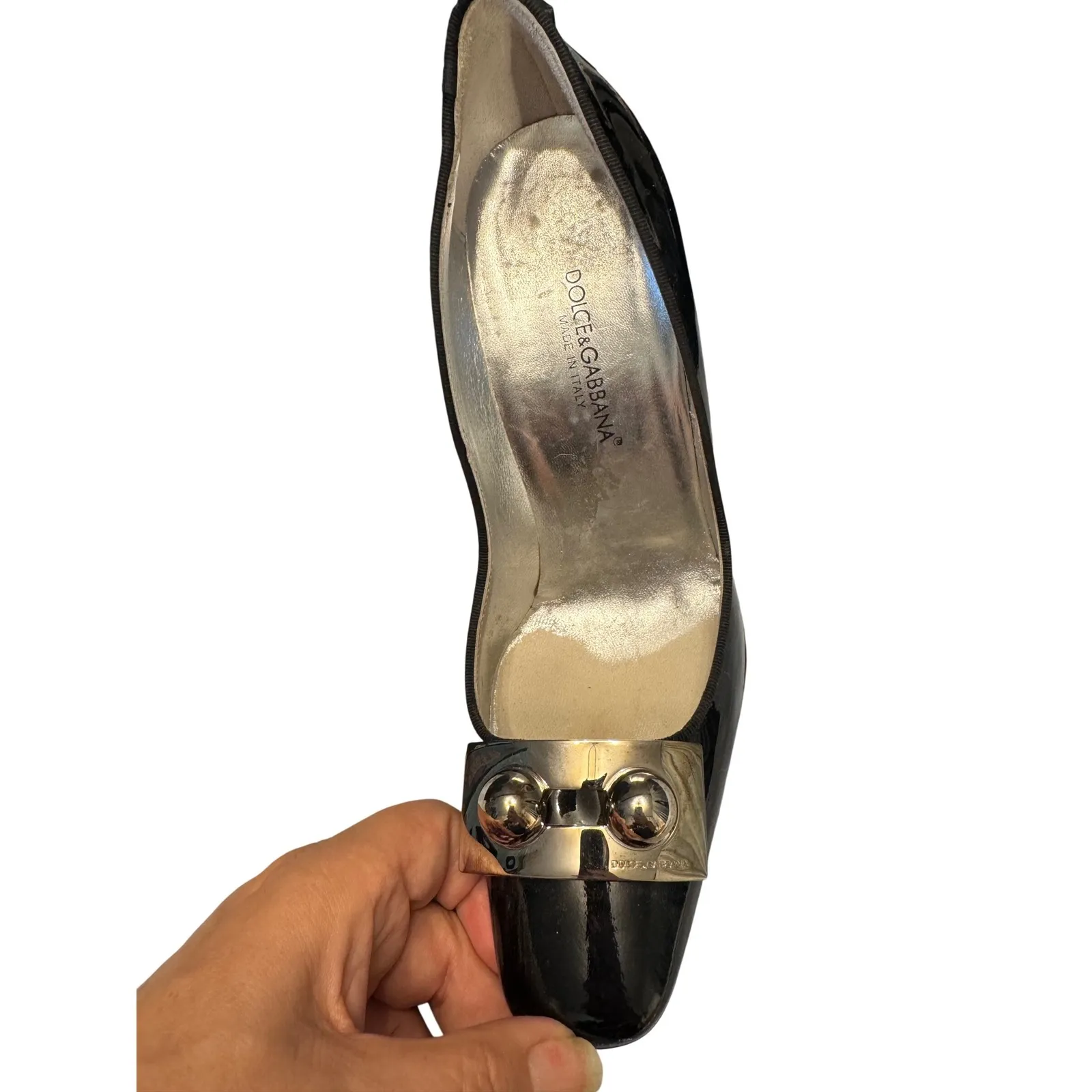 Dolce & Gabbana Pointed Toe Pumps Black Patent Leather Silver Heel Size 37 - Image 2