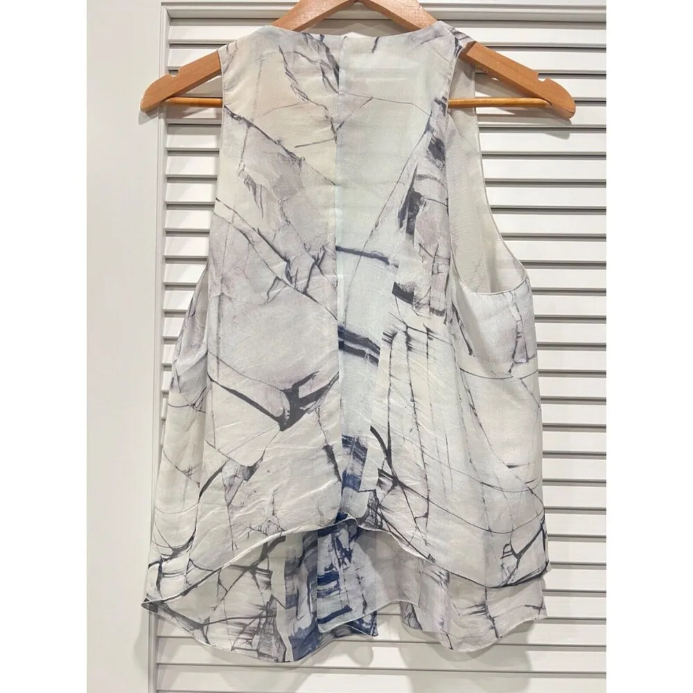 Commuun Sleeveless 100% Silk Top Abstract Marble Print Size 40 White - Image 3