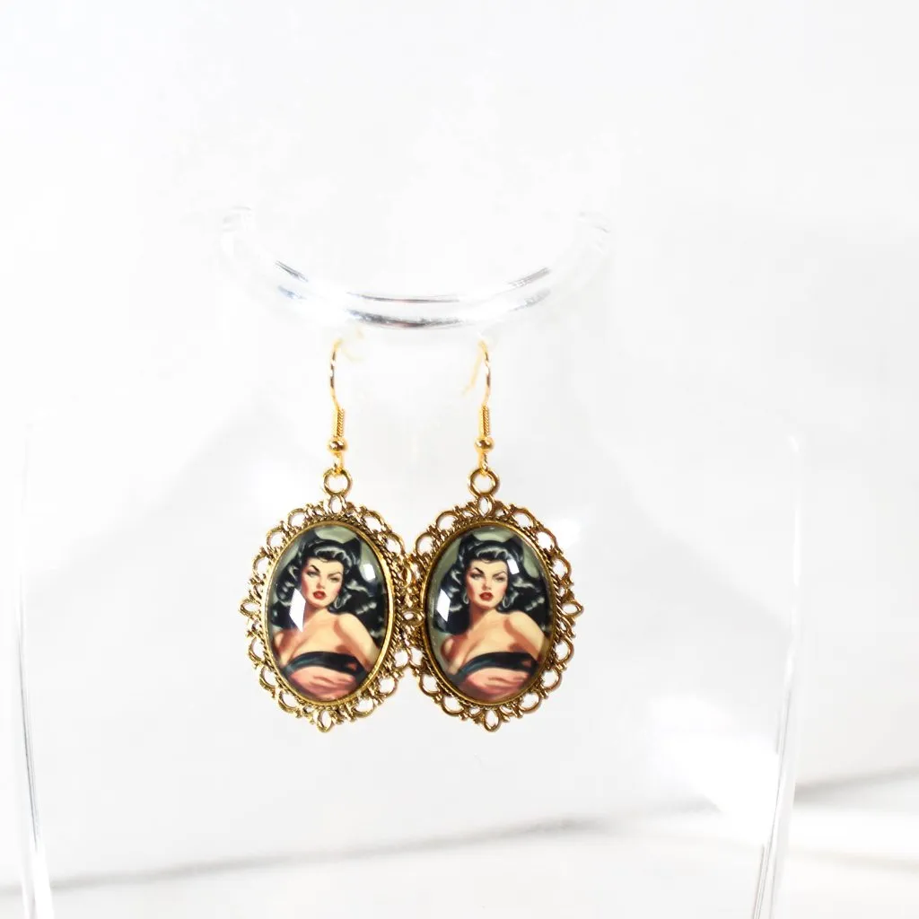Midnight Siren Noir Pinup Cameo Earrings – Gothic 50s Catwoman Style Jewelry - Image 2