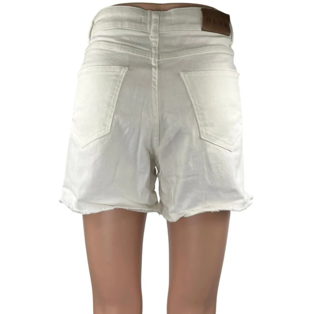 NA-KD Women's White High Waisted Frayed Raw Hem Mini Denim Jeans Shorts Size 36 - Image 3