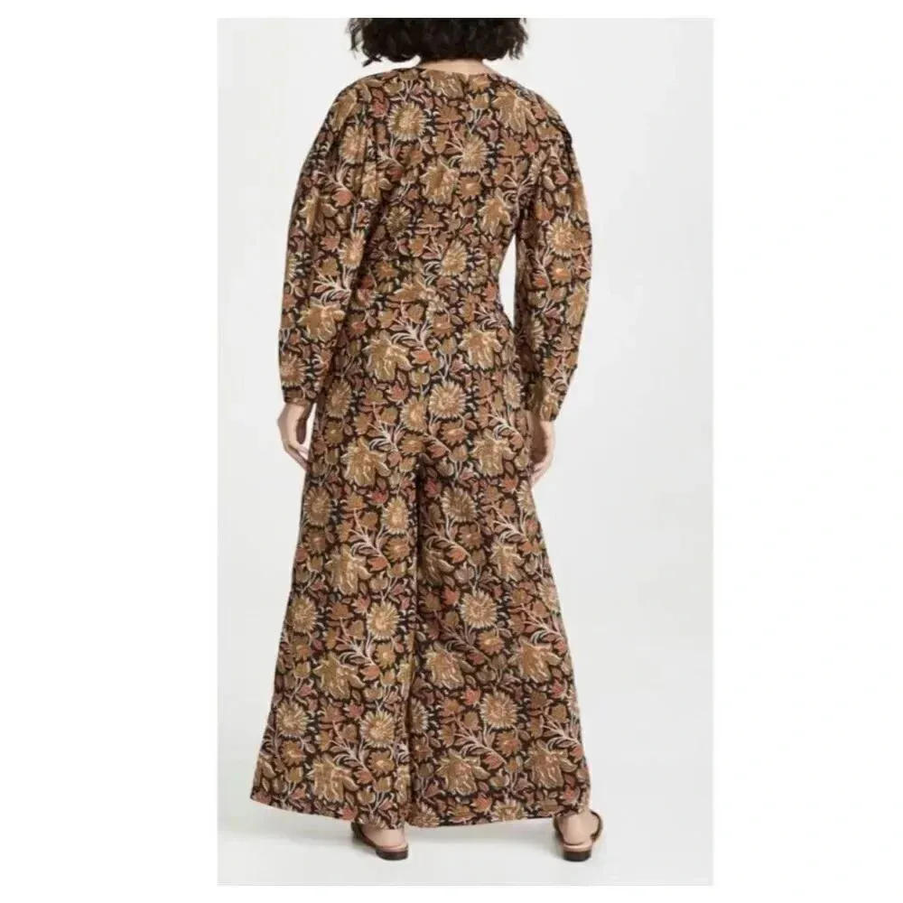 MILLE | Eva Jumpsuit Brown "Sunset Floral" Wide Leg Balloon Sleeve | Size Small Orange - Image 2