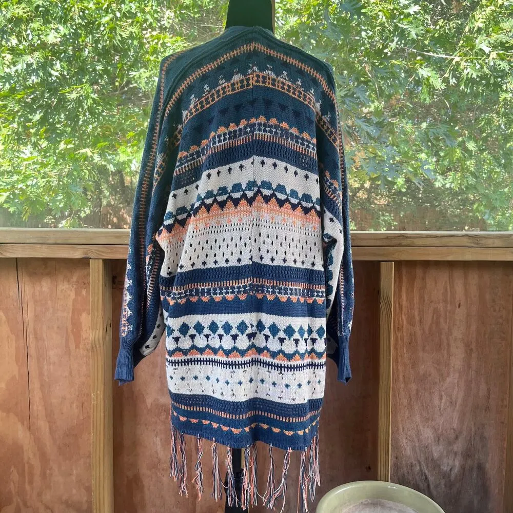 Easel Women's Longline Boho Fringe Trim Cardigan Colorful Size M - Image 3