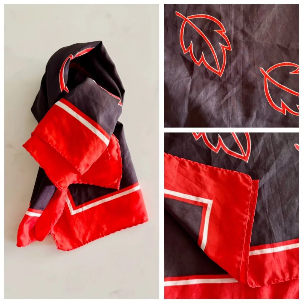 Vintage Silken Square Scarf, Autumnal Falling Leaf Print (Red & Brown) Red - Image 12
