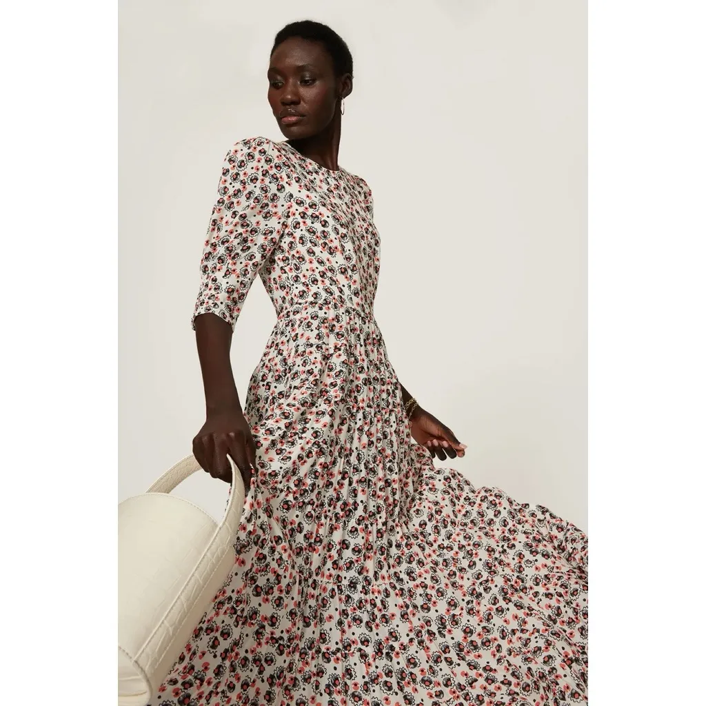 RIXO • Kristen Dress maxi rayon floral Shell Squiggle Coral puff sleeve tiered Orange Size M - Image 8