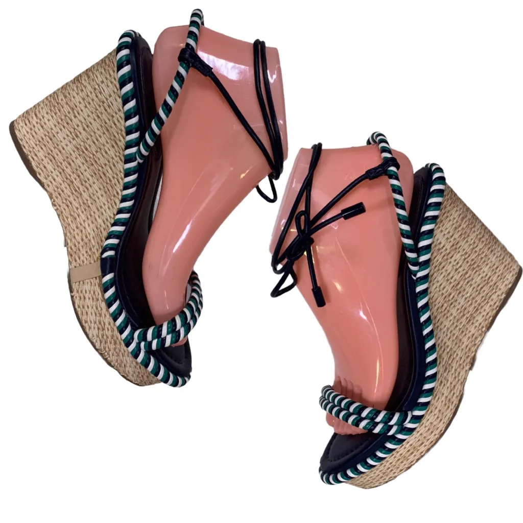 AREZZO BLUE, GREEN & WHITE TWISTED ROPE FAUX LEATHER WEDGE HEEL SANDALS (39) Blue Size 9 - Image 7