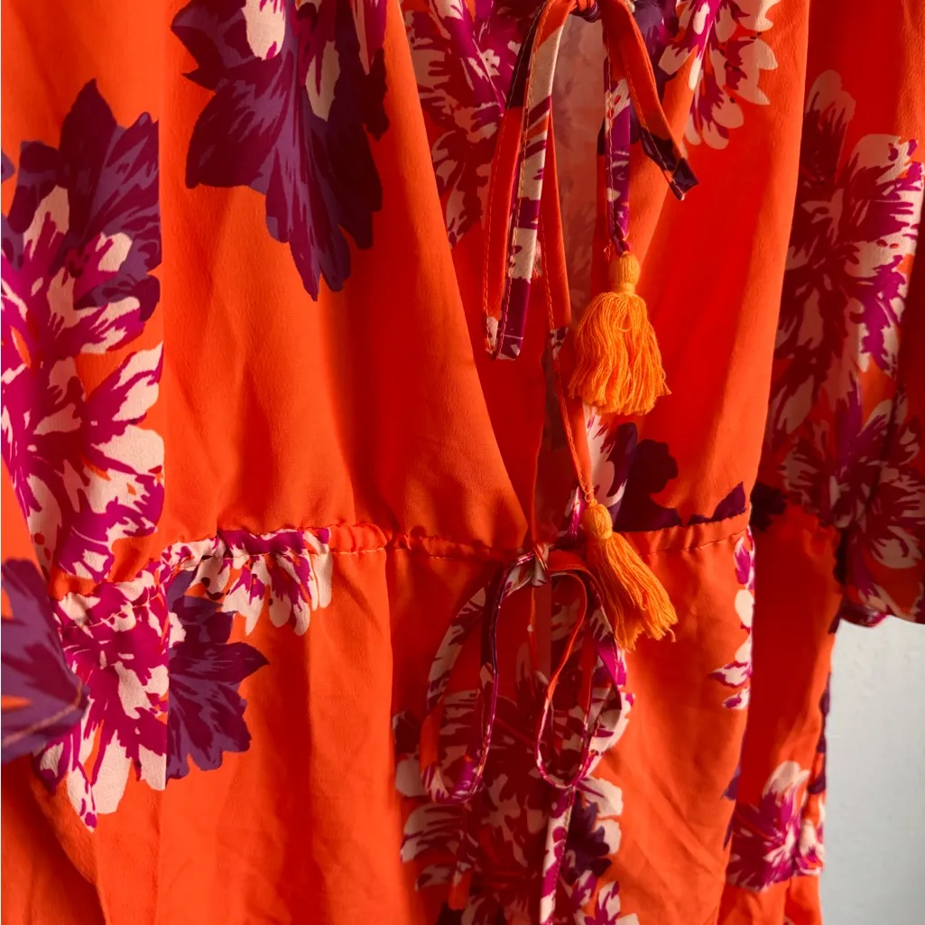 Hello Molly Orange Pink Floral Tassel Tie Bell Sleeve Romper Womens 2 Coastal - Image 2