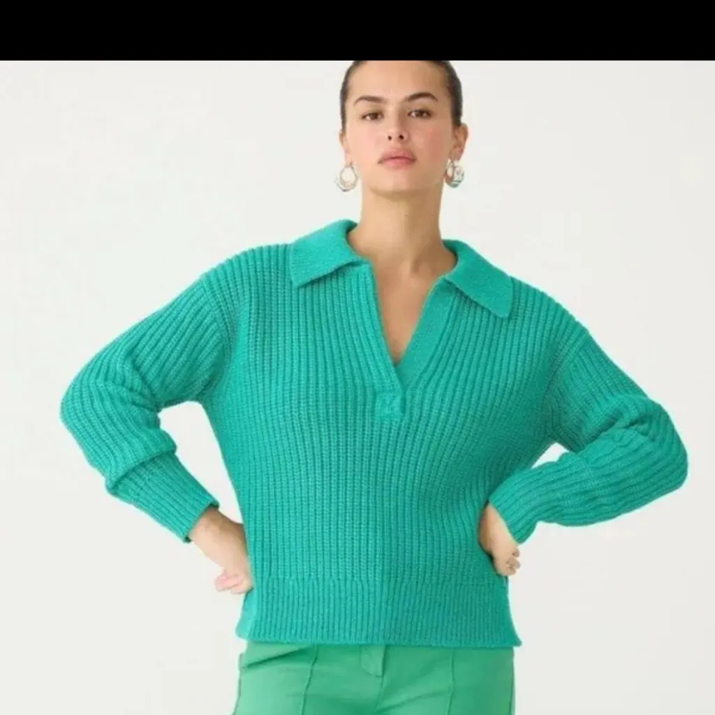 J. Crew ribbed cotton Johnny collar sweater polo emerald forest size xs - Image 2