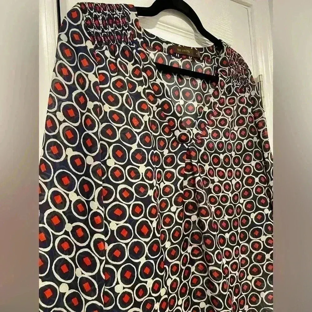 Limited Navy Blue Geometric Sheer V Neck Smock Collar 3/4 Sleeve Blouse Size M - Image 4