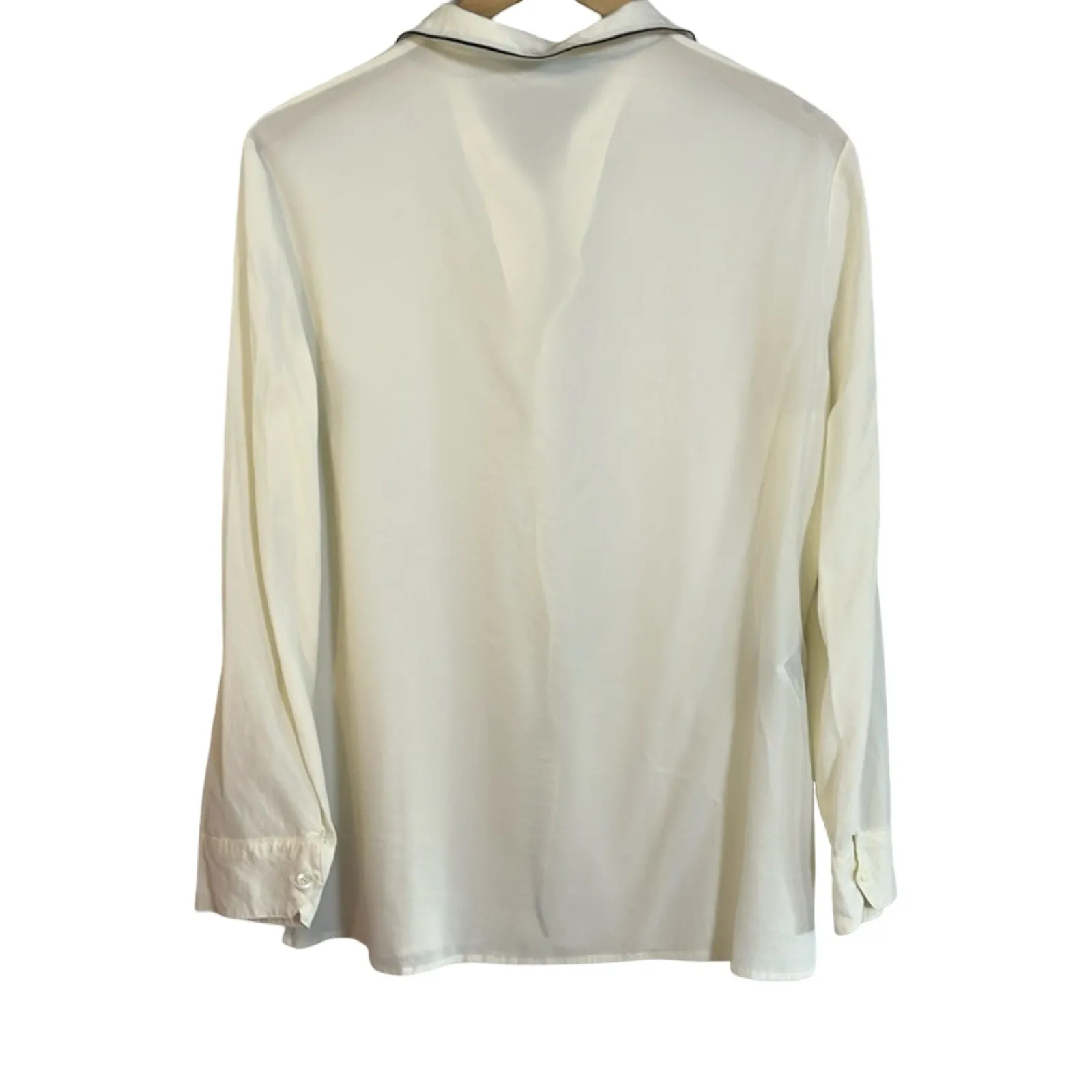 Prada Ivory Silk Blouse Black Piping Button Front Long Sleeve IT 44 US 8 - Image 7