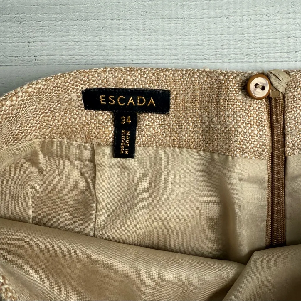Vintage Escada Silk & Linen Tan Tweed Pencil Skirt with Fringe Detail Size 34 - Image 2