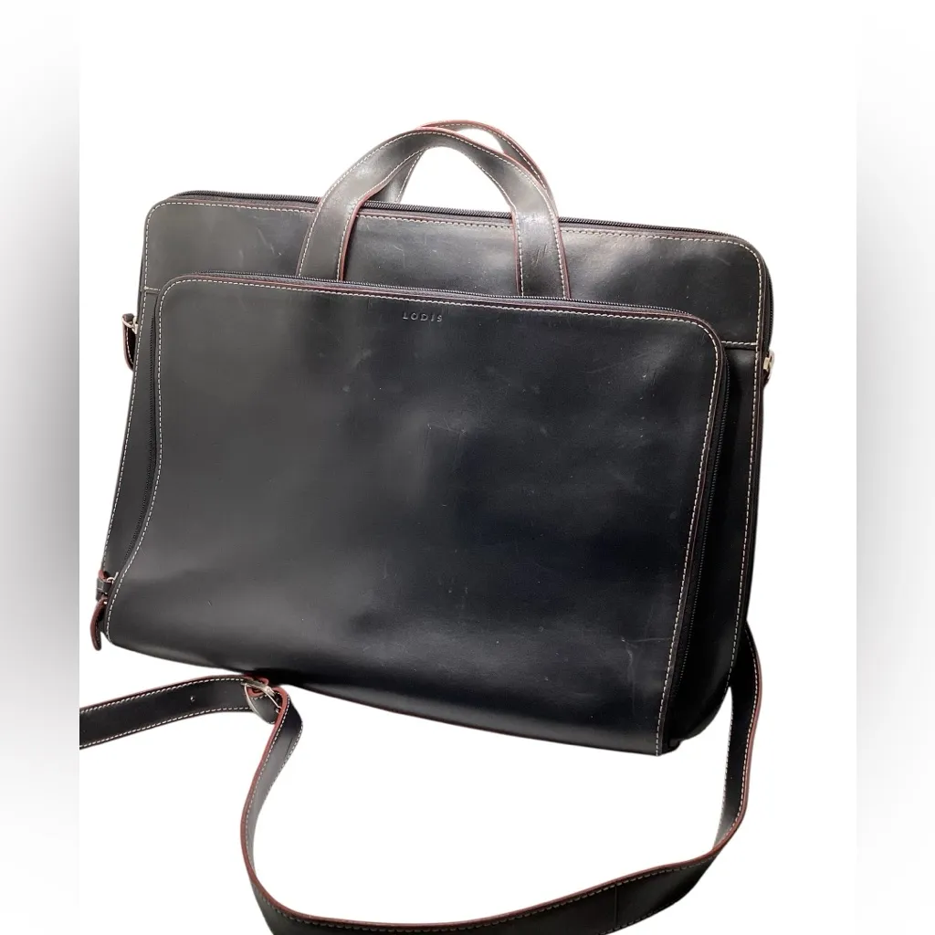 Lodis Italian leather briefcase/laptop bag. Black with brown piping - Image 3
