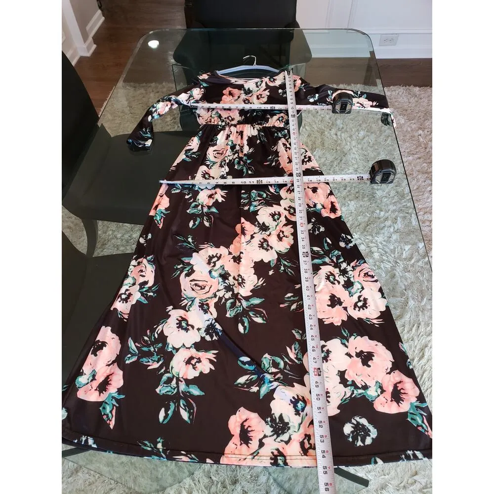 Women Long Maxi Dress M Black Floral Stretch Long Sleeve Boat Neck Pleated Waist Size M - Image 7