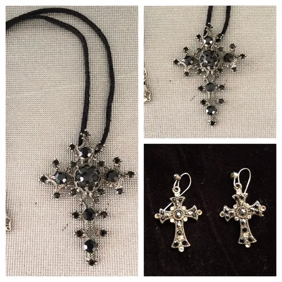 Large 3” Gothic Black Stone cross Pendant on suede necklace & Cross earrings - Image 2
