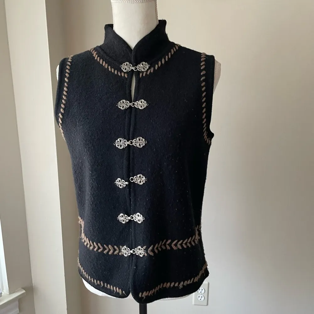 Vintage Tully 100% Wool Vest With Embroidery On Neck, Sleeves and Hem Black - Image 3