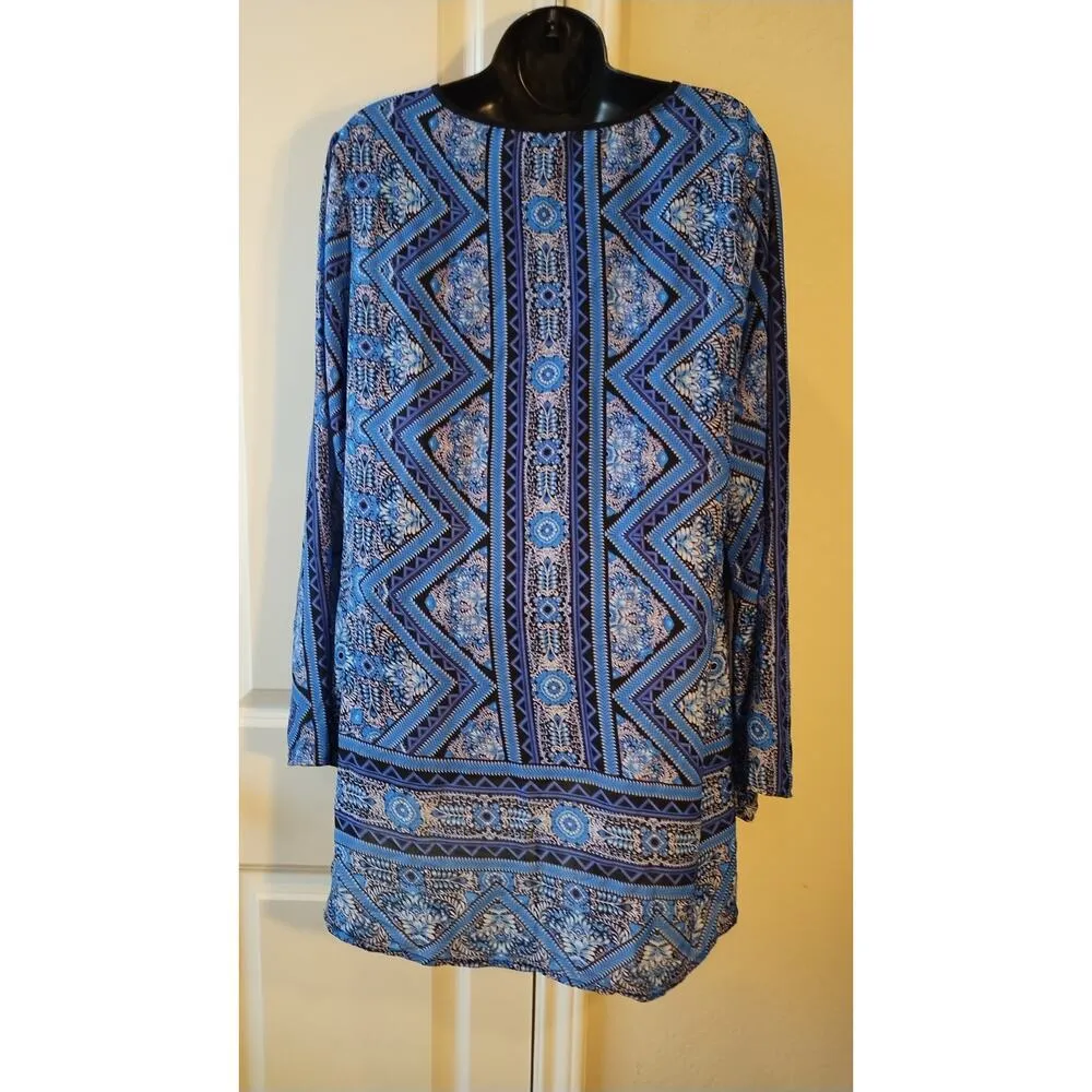 Nine West Blue/Black & white semi sheer Tunic Blouse neck tassel size Large - Image 4