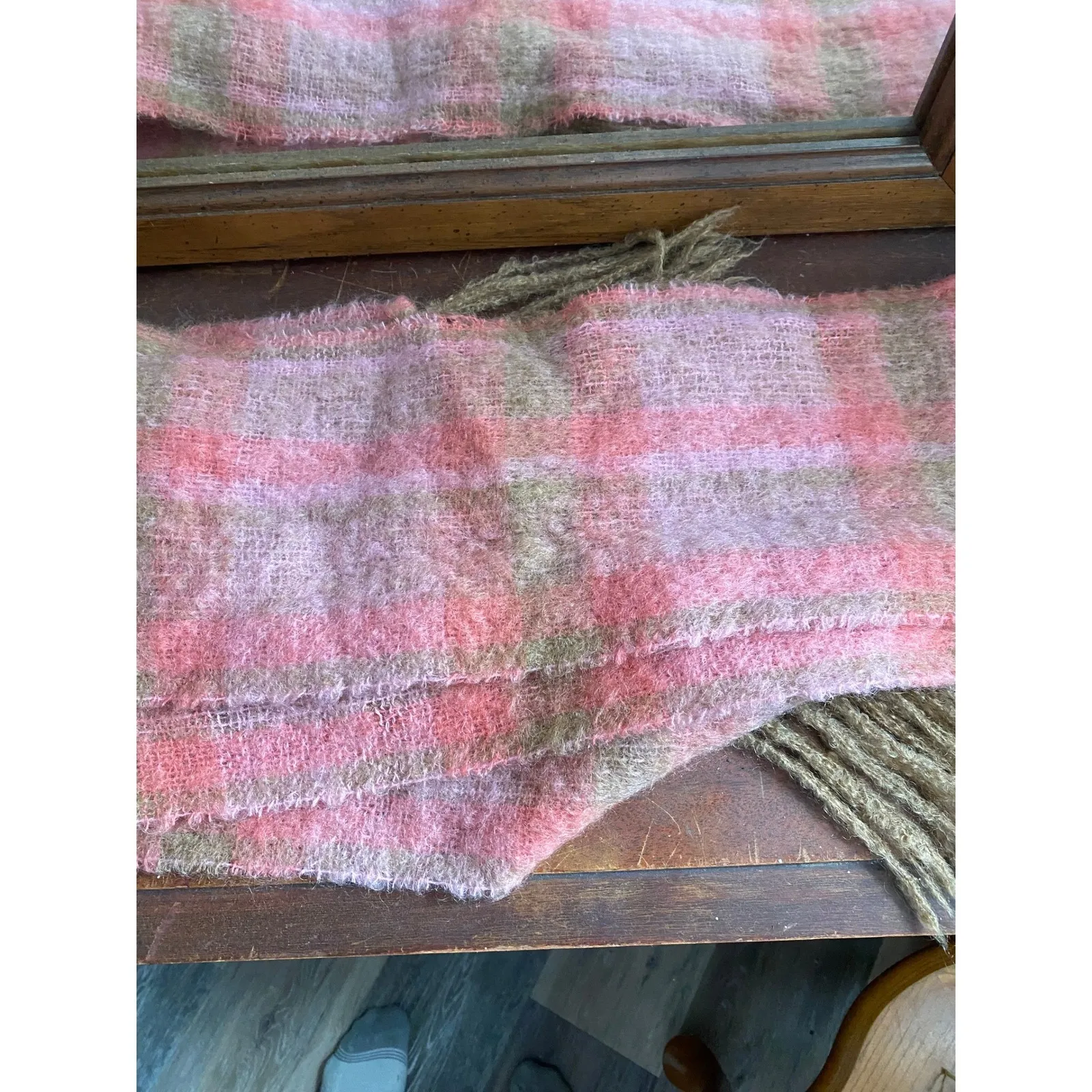 Vintage Mohair Wool Woven Plaid Fringe Pink Scarf Soft Warm Scandigirl Winter - Image 3