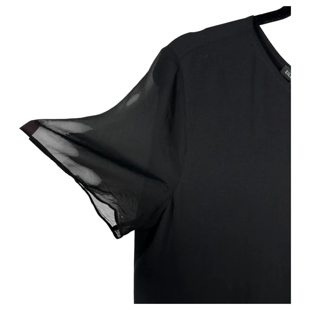 Eileen Fisher 100% Silk Short Sleeve Black Shift Dress Midi Size Medium - Image 3