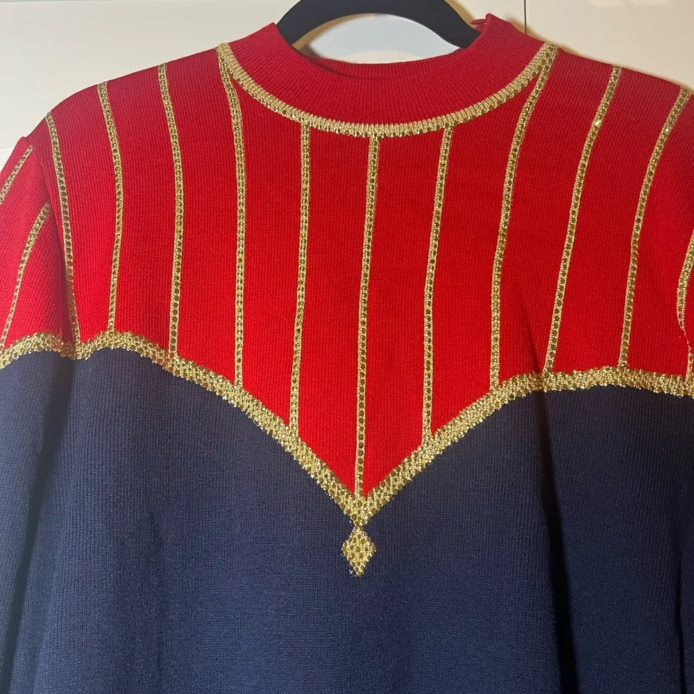 Vintage St. John Evening Santana Knit Mock Neck Sweater Womens Size 10 Red Navy - Image 7