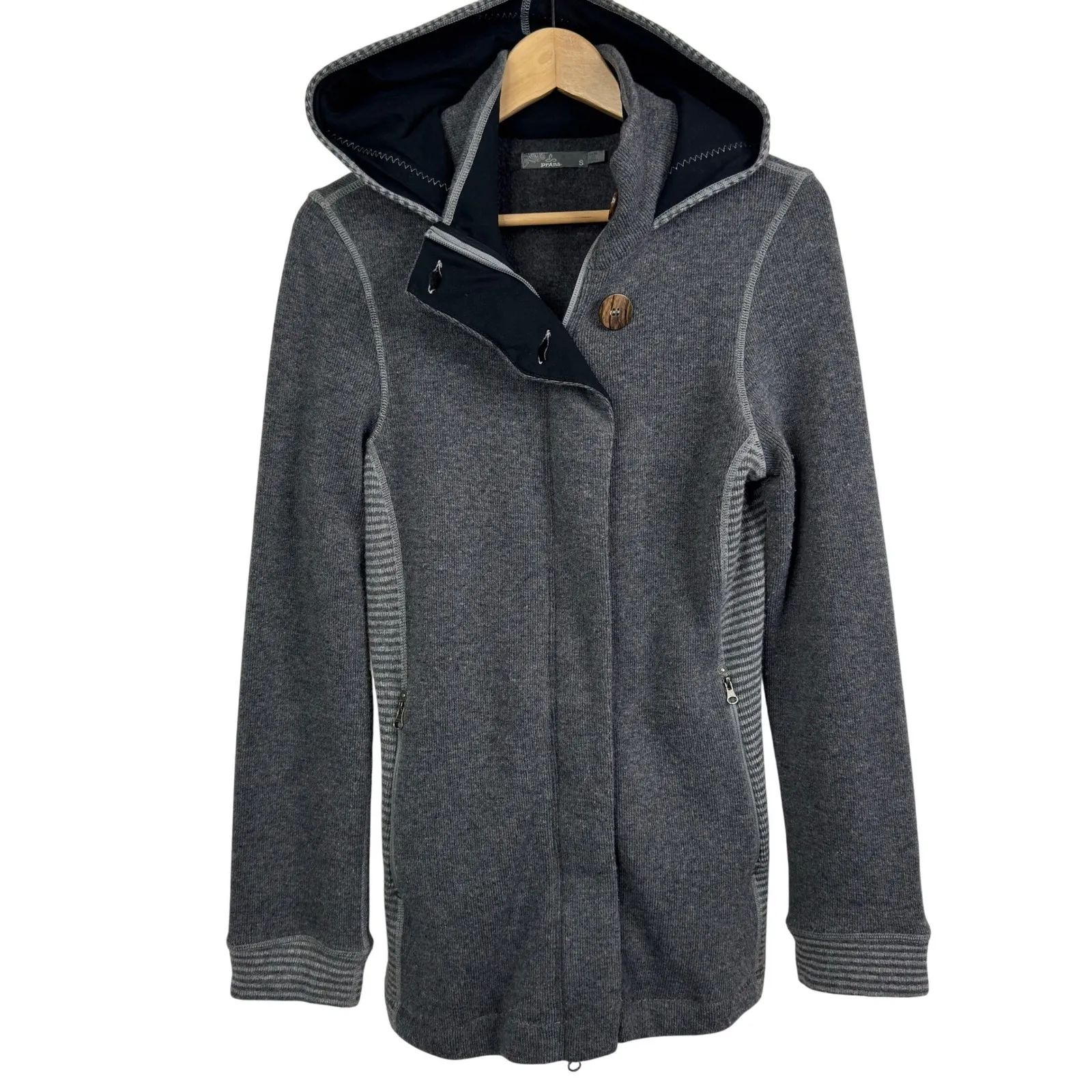 Prana Grey Hooded Knit Jacket Cardigan Full Zip Women's Size S - Image 2