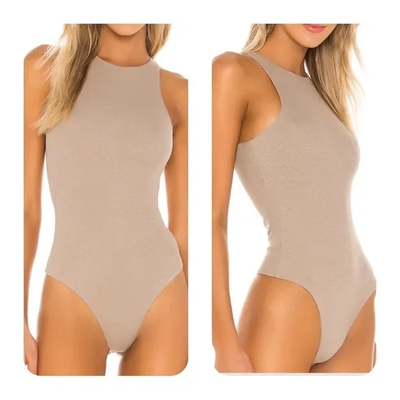 NWT HOUSE OF HARLOW 1960 Sleeveless Crew Neck Ribbed Taupe Bodysuit Sz XL - Image 2