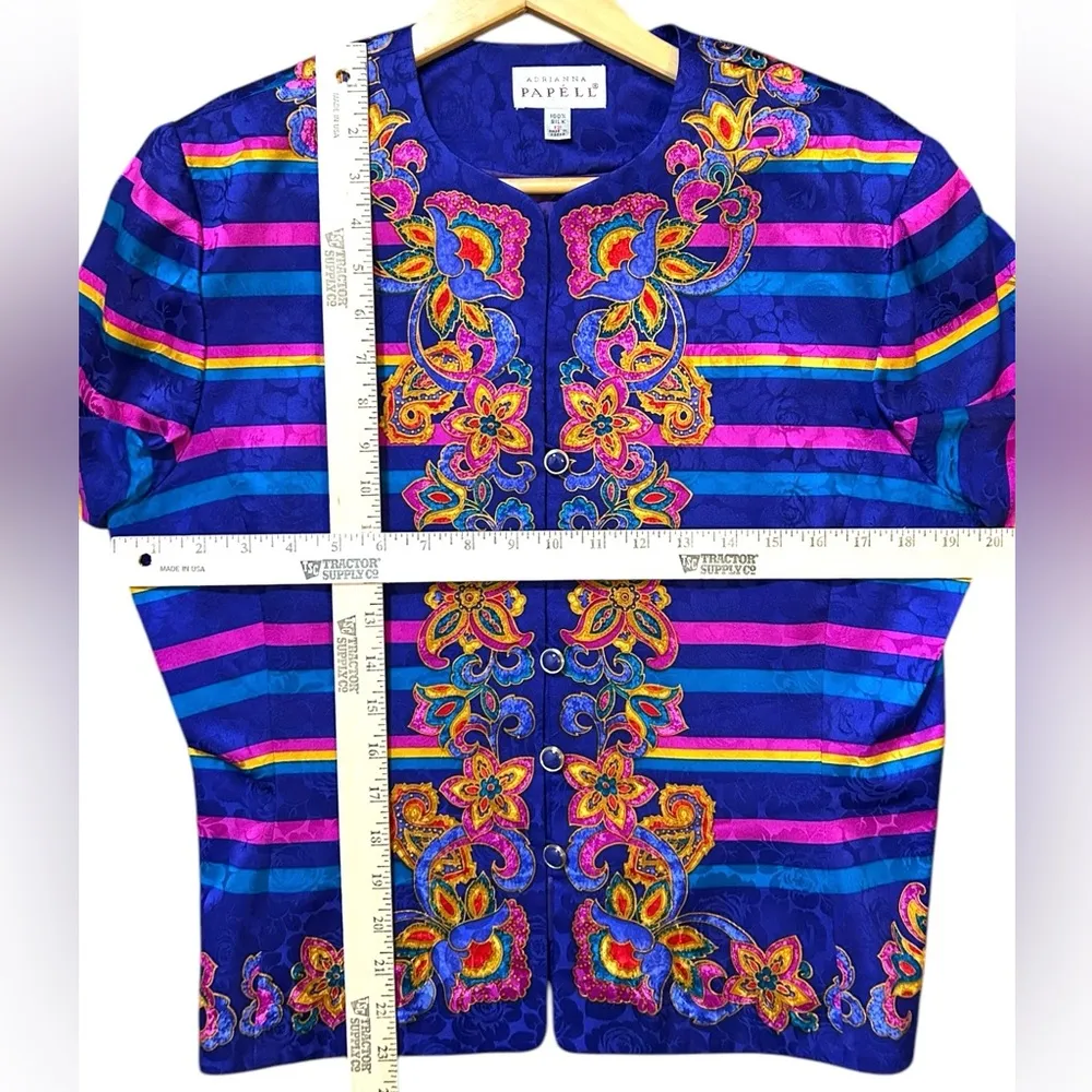 EXCELLENT Vintage Adrianna Papell Silk 2Piece Suit Blazer Skirt Stripe Floral 12 - Image 6