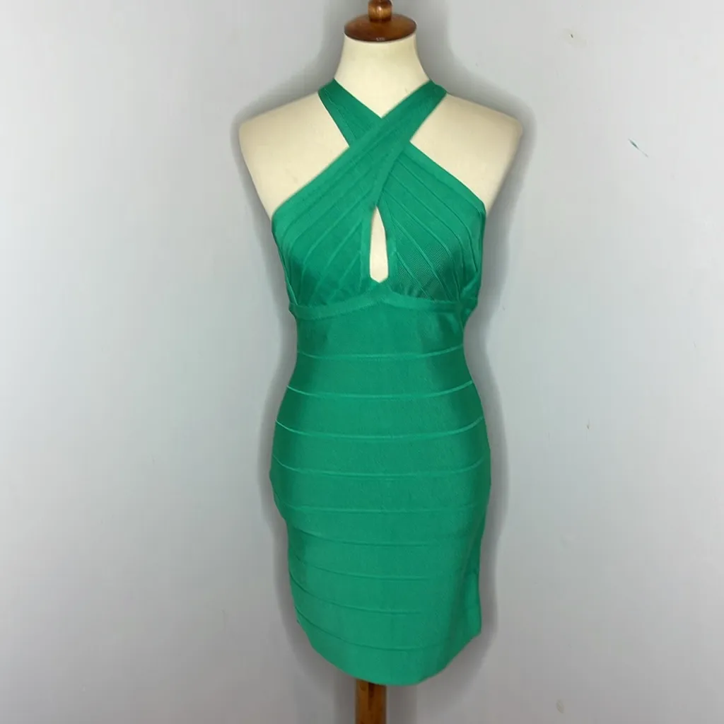 NWT‎ Herve Leger X Front Halter Cross Neck Dress Bodycon Bandage Green Opal - Image 3