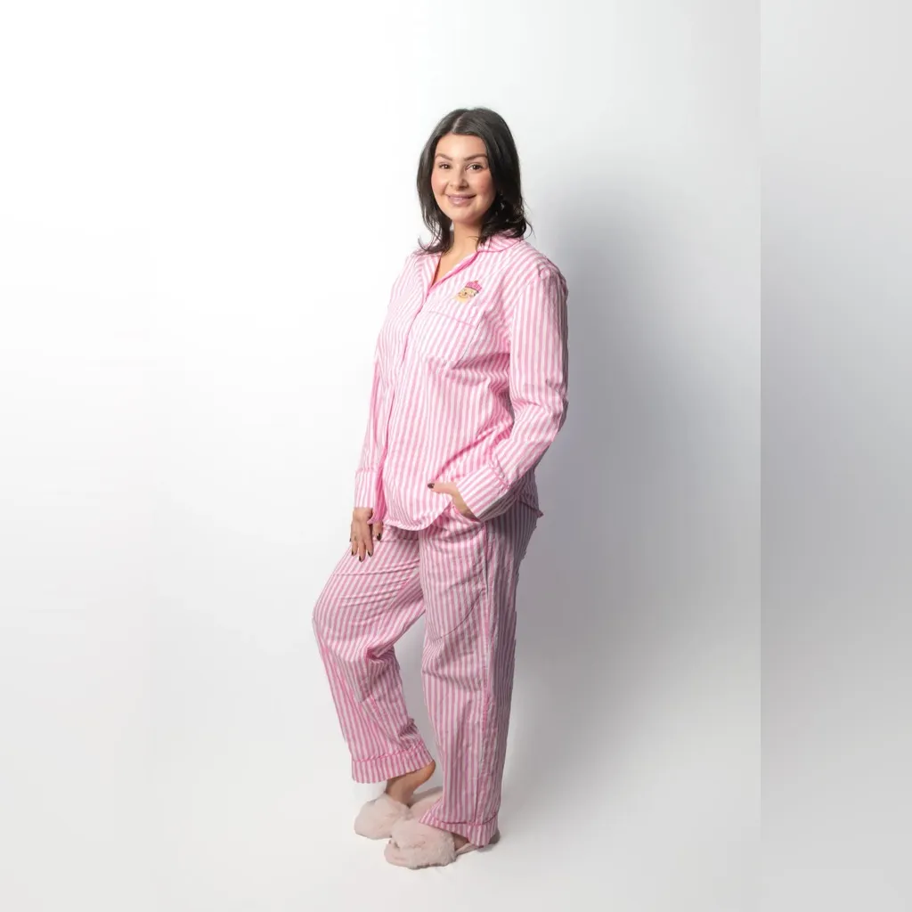 Bon Artis Pink Striped Cat Embroidery Pajama Set 100% Cotton Women’s Size 1 Size M - Image 2