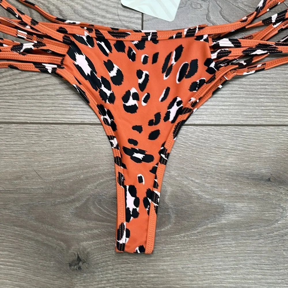 Fabletics Strappy Bikini Bottom Orange‎ Black Animal Print Size XXL - Image 4