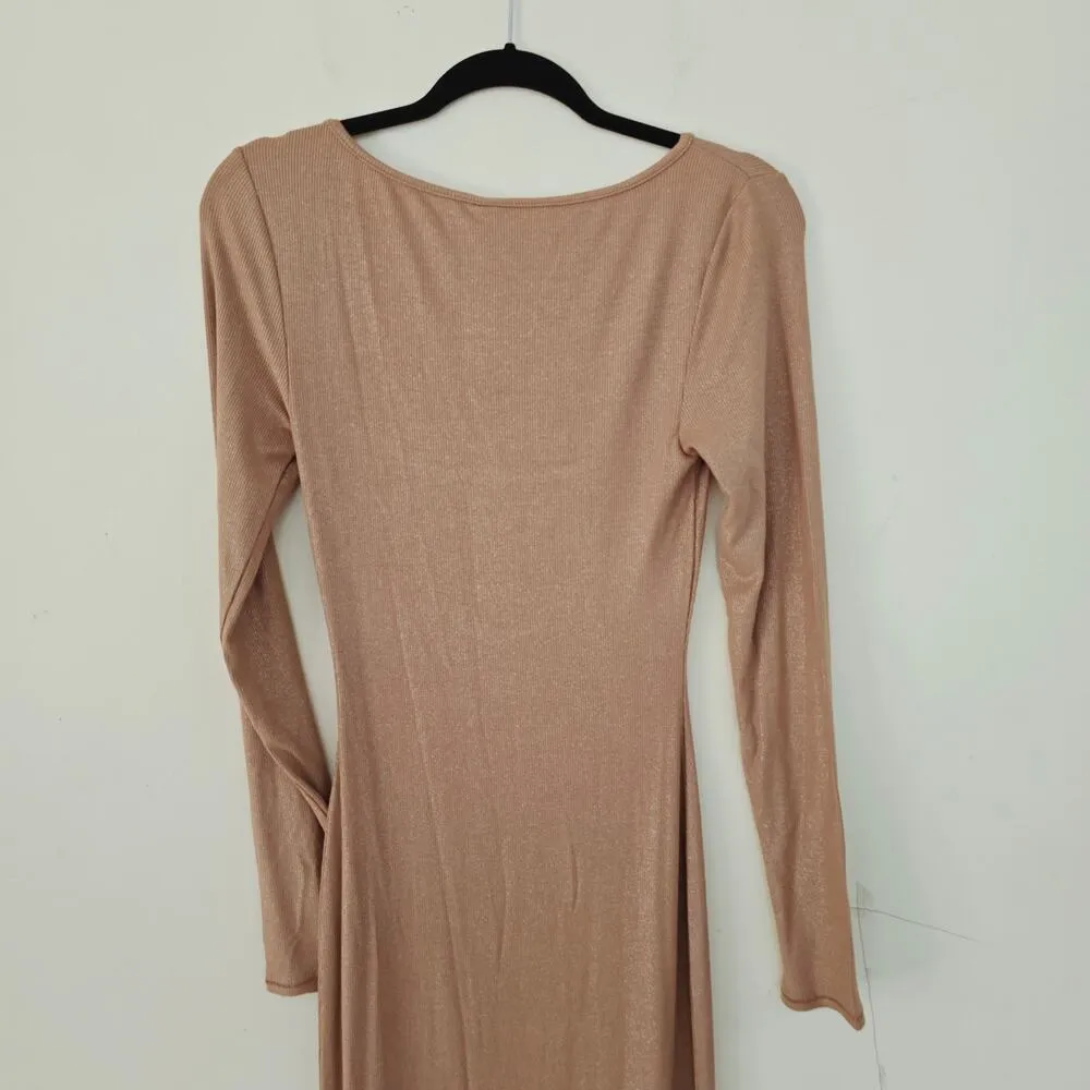 Skims New Soft Lounge Shimmer Long Sleeve Dress Camel Tan Metallic Foil Size M - Image 6