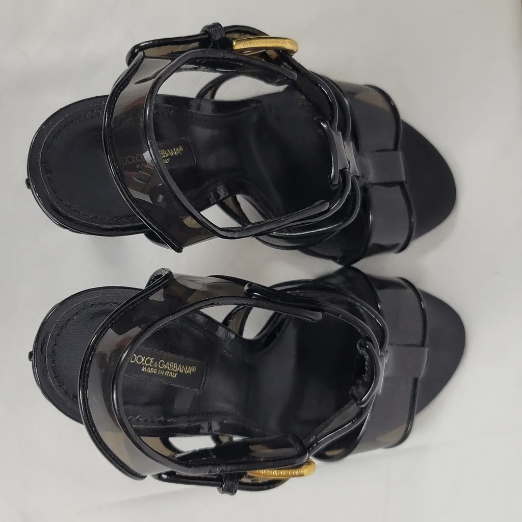 Dolce & Gabbana Black PVC And Leather Strappy Woven Detail Heel Sandals Sz 38.5 - Image 12