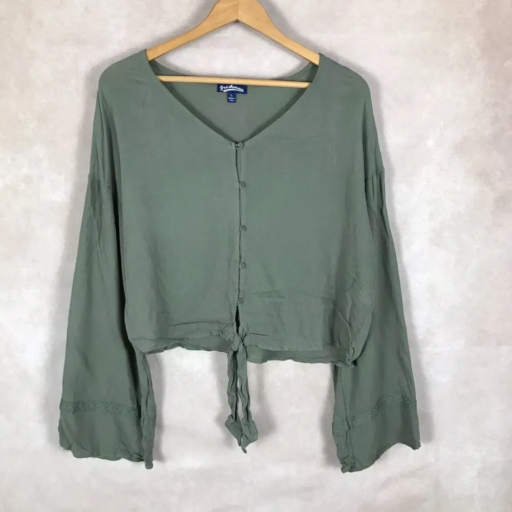 FRESHMAN Dark Green Tie Bottom Boho Top NEW LARGE - Image 3