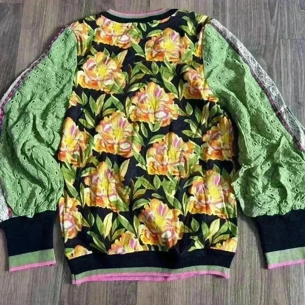 Bl-nk $130 Bl^nk Anthropologie Contrast Eyelet Pullover. Bohemian Floral XS - Image 5