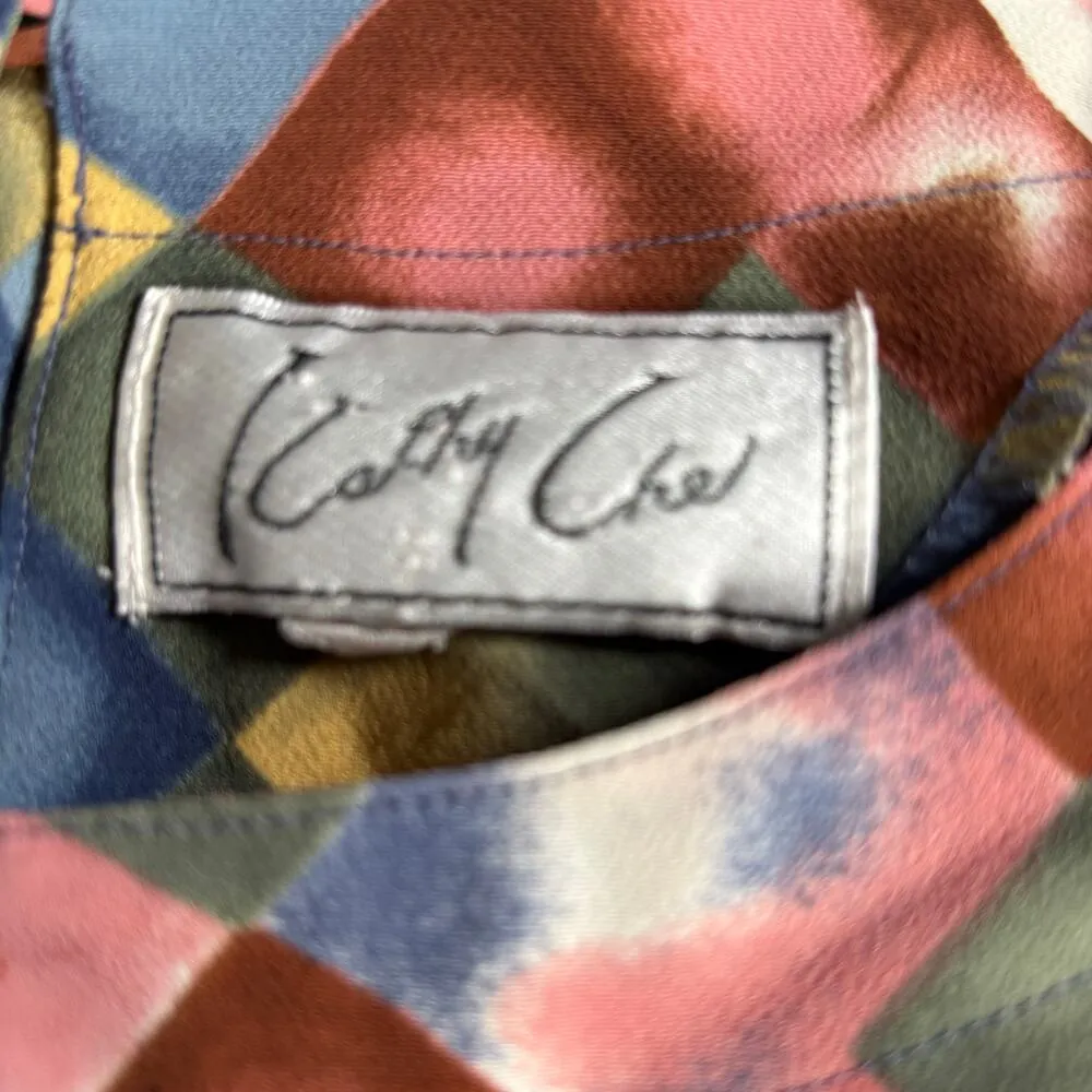 Vintage Blouse Harlequin Checkered Print Padded Shoulders Pastel Diamond Large Yellow - Image 6