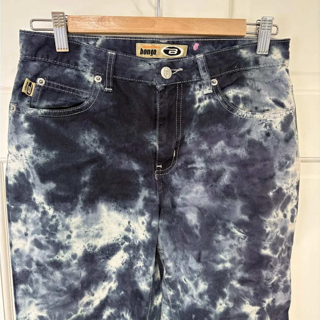 Vintage Bongo Low Rider Flare Khaki Pants Tie Dye Blue Cropped Y2K 90s Boho Sz 7 - Image 2
