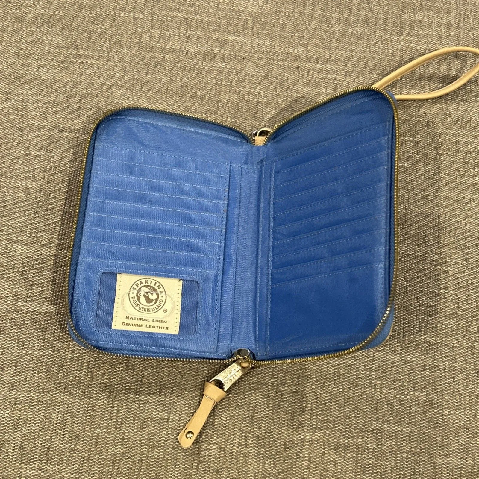 Spartina Phone Wristlet Wallet Navy Orange Leather Linen Coastal Grandma - Image 6