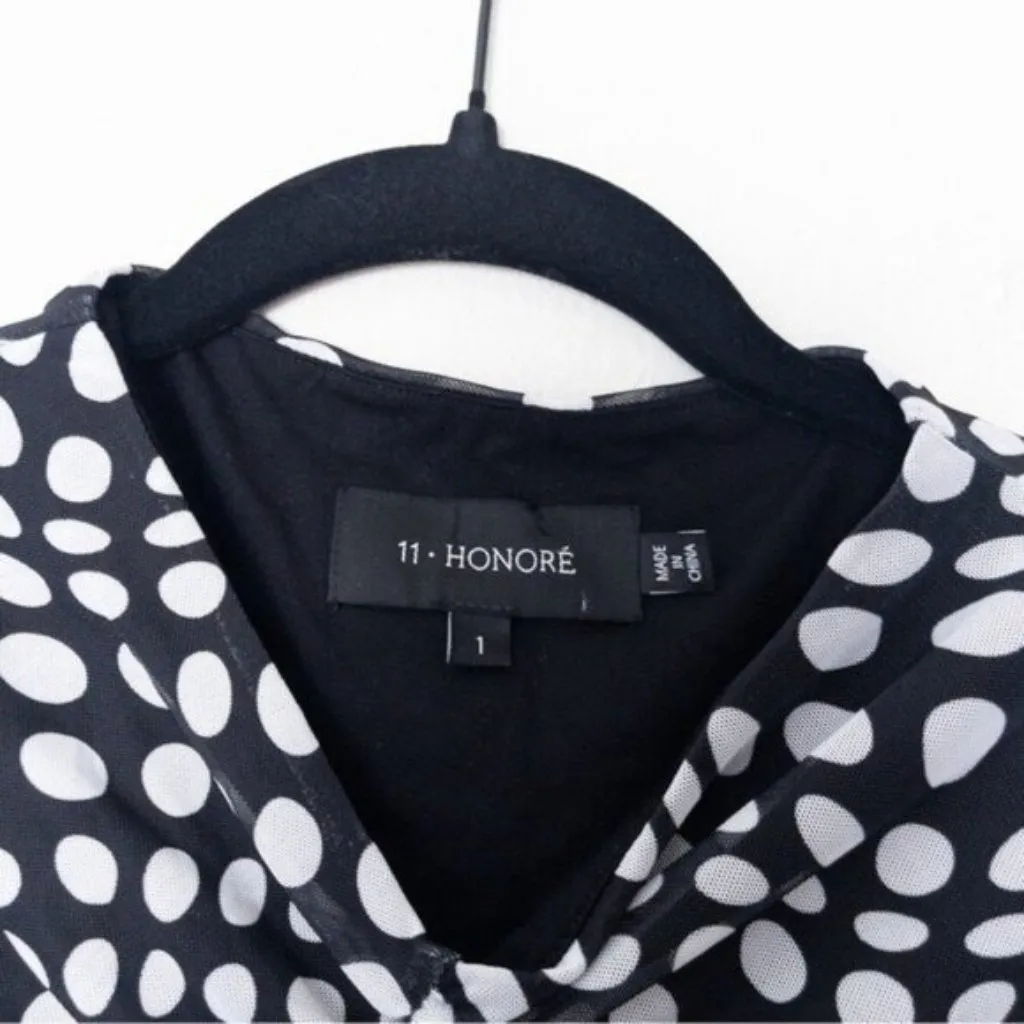 NEW 11 Honore Polka Dot Mesh Ruched Top 1 Black White 14-16 Stretch Vneck Sheer - Image 2