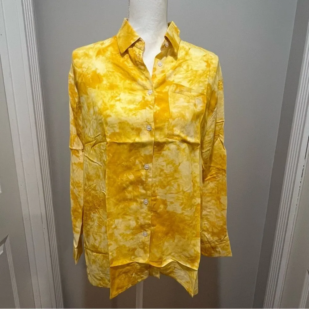NWT Caara yellow and white tie dye Marble button down blouse women's size xxs Yellow - Image 4