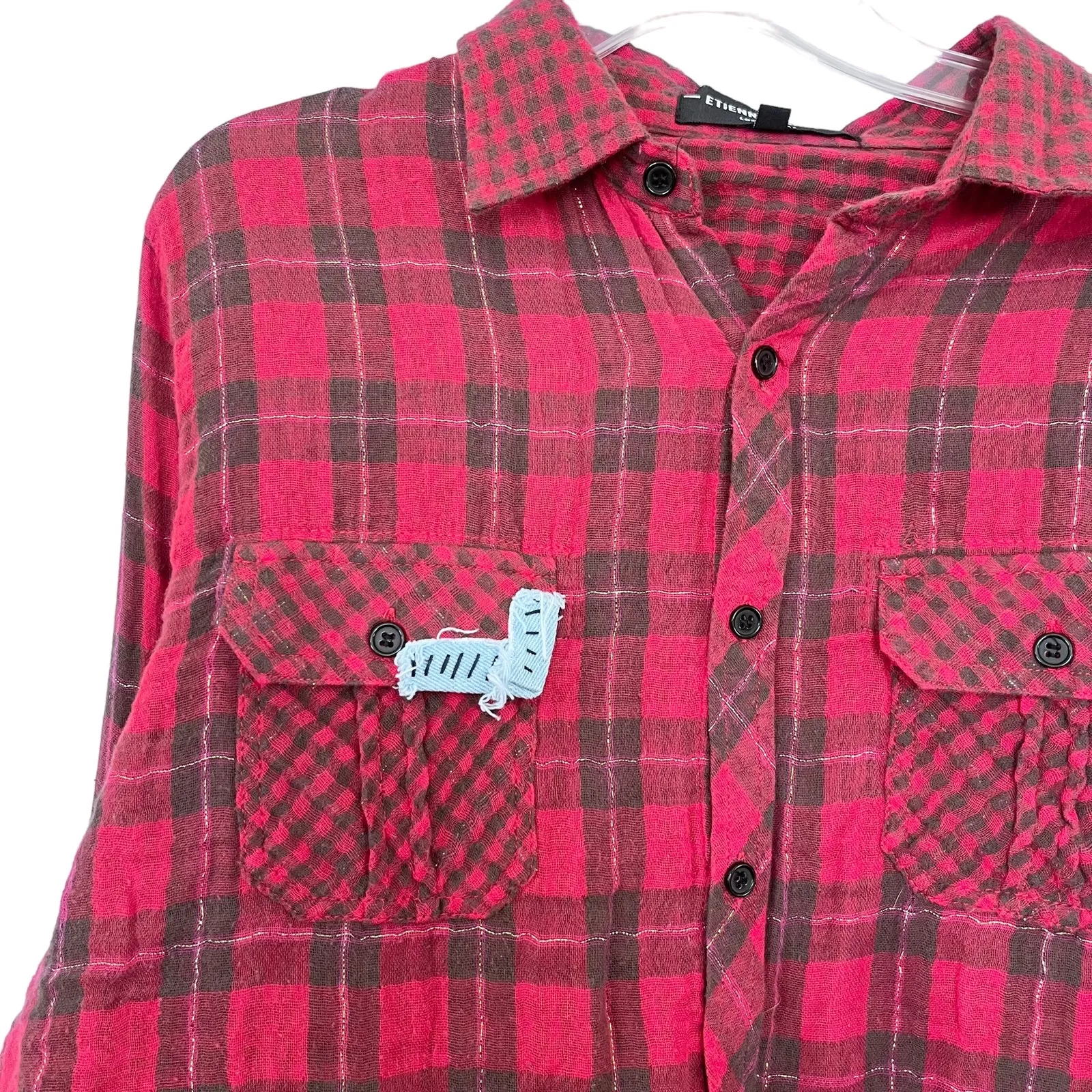 Etienne Marcel Greta Red Plaid Muslin Cotton Button Up Shirt Frayed Hem Small - Image 7