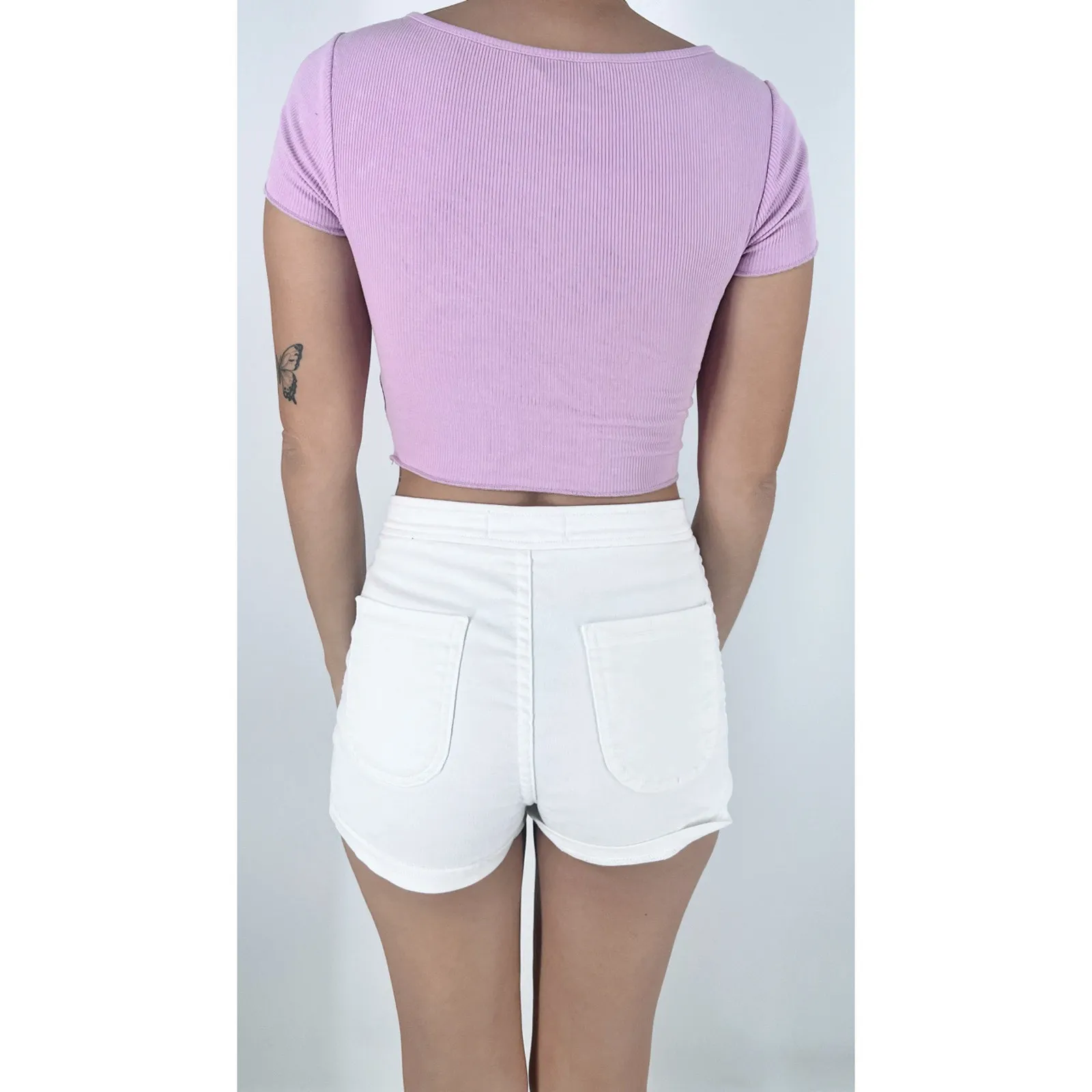 Women's Lavender Lilac V-Neckline Ribbed Knit Front Tie Short Sleeve Top Size XS - Image 2