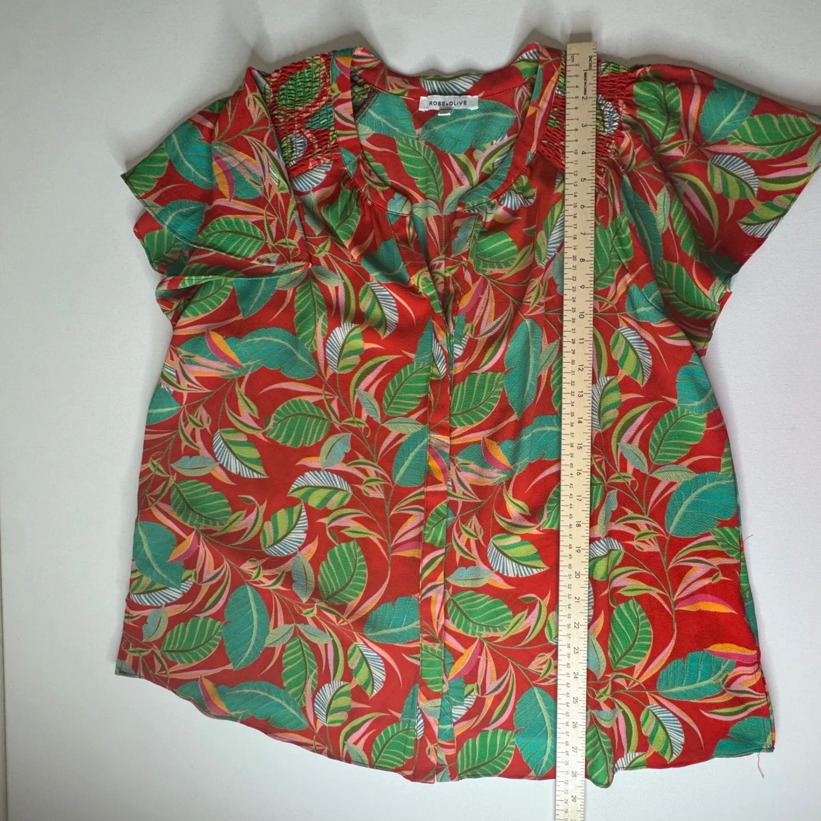 Rose + Olive Tropical Blouse‎ Size 1X Multicolor Leaf Print V - Image 9