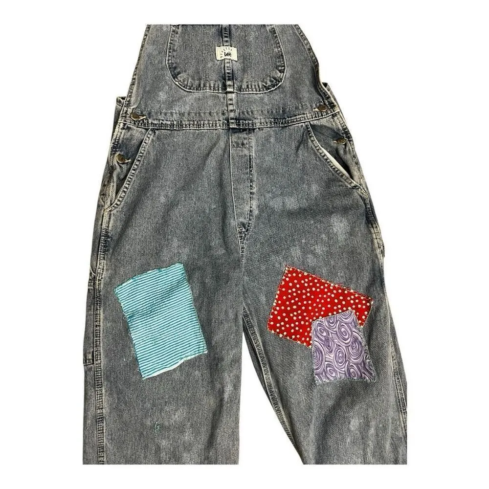 Vintage Lee Dungarees Rivited Denim Blue Bib Overalls Size L Carpenter Patchwork - Image 3