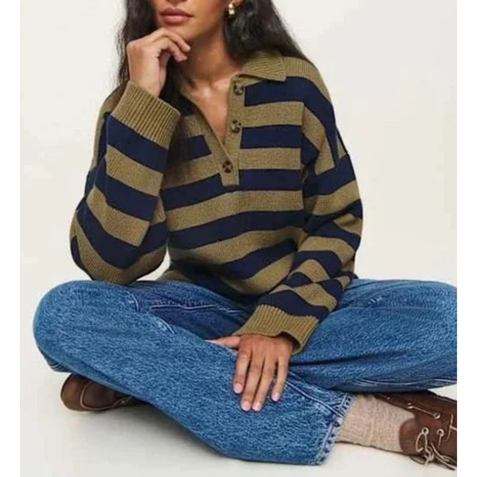 Reformation Brooklyn Cotton Polo Sweater Size XL Collared Navy Gold Stripe - Image 2