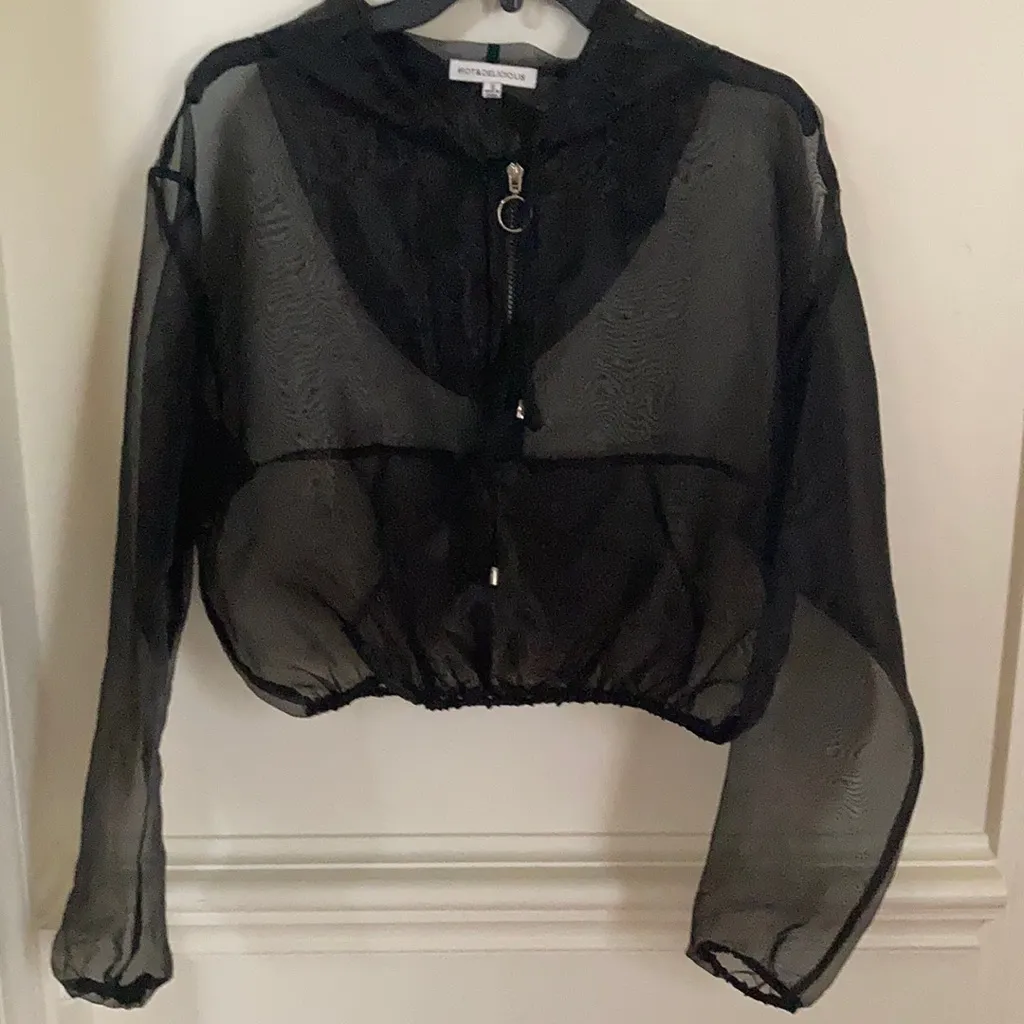 Like New! Great looking sheer, black hoodie top - Image 1