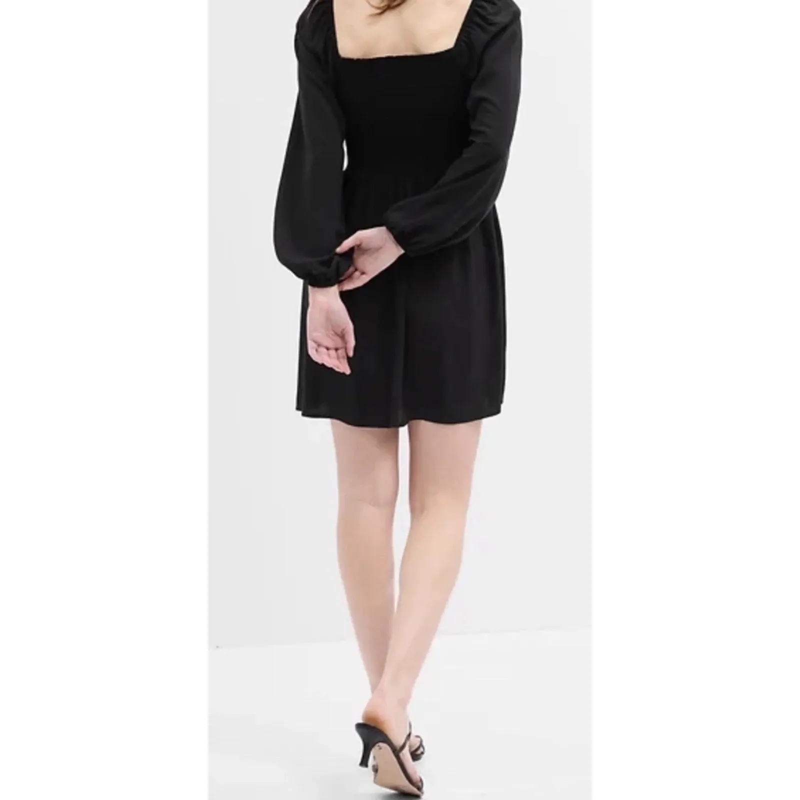 Gap Black Mini Long Sleeve Medium Square Neck Smocked Viscose Fall Winter - Image 3